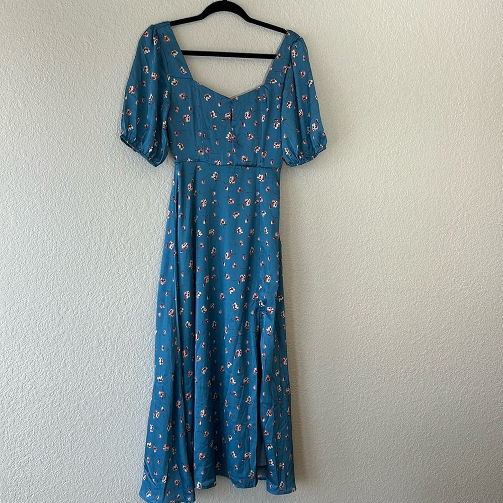 Lulus Gorgeous Days Blue Floral Satin Puff Sleeve Midi Dress size XS NWT